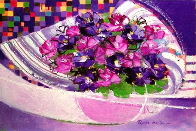 油絵 菅家令子絵 絵画インテリア額付(青緑＋金色の枠) uF6-062304 花