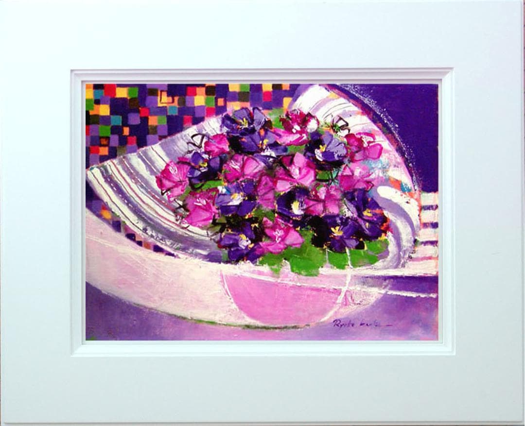 油絵 菅家令子絵 絵画インテリア額付(青緑＋金色の枠) uF6-062304 花
