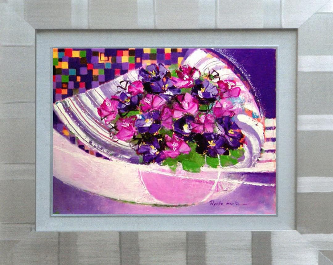 油絵 菅家令子絵 絵画インテリア額付(青緑＋金色の枠) uF6-062304 花