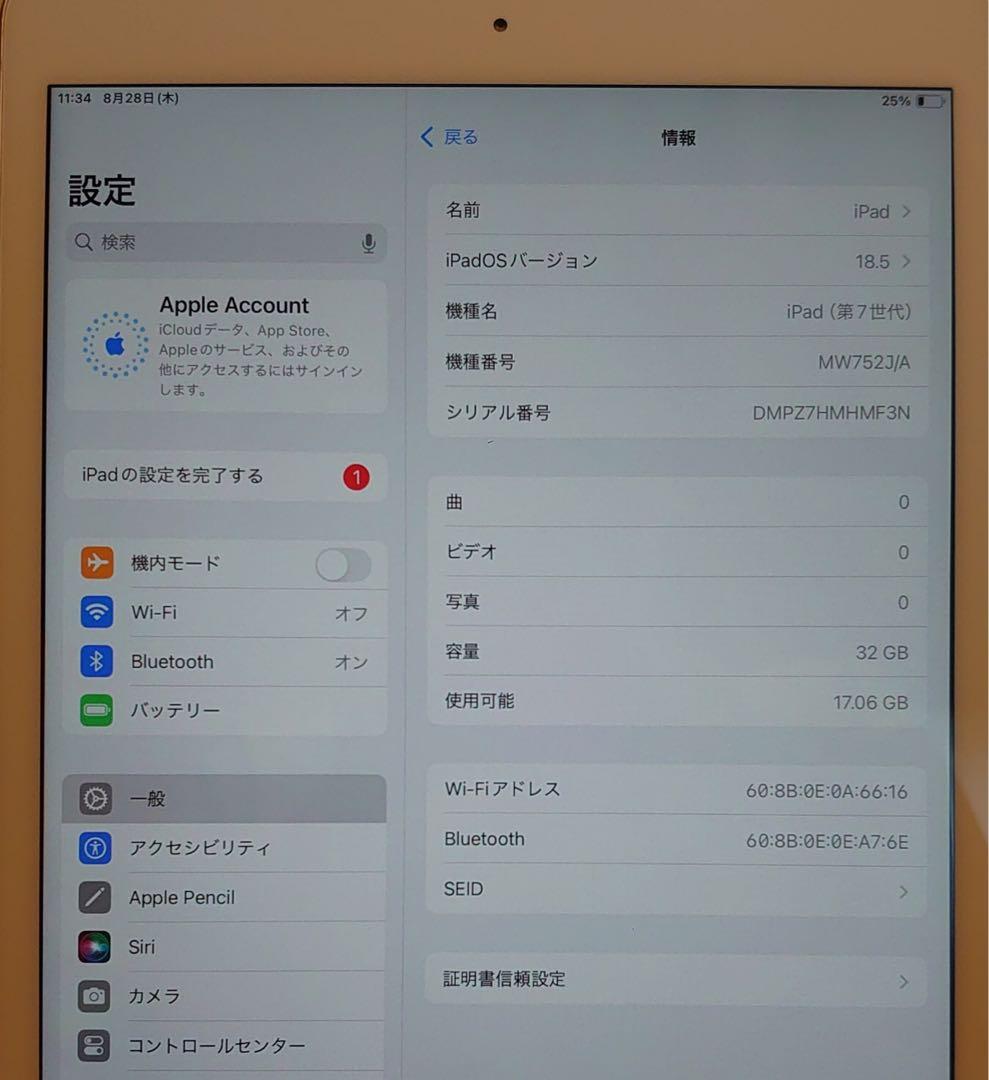 完動品液晶無傷iPad第7世代(A2197)本体32GBシルバー送料込HMF3N