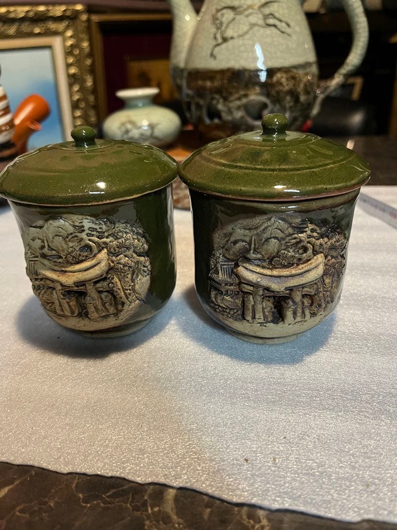 宮島焼き、宮島焼き湯呑み、アンティーク湯呑み、砂焼き湯呑み、厳島神社湯呑み、広島