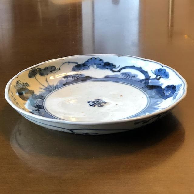 古伊万里【江戸中期】染付山水花唐草文7寸皿／大明年製