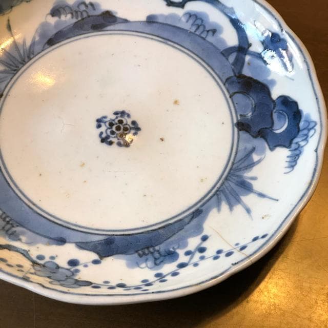 古伊万里【江戸中期】染付山水花唐草文7寸皿／大明年製