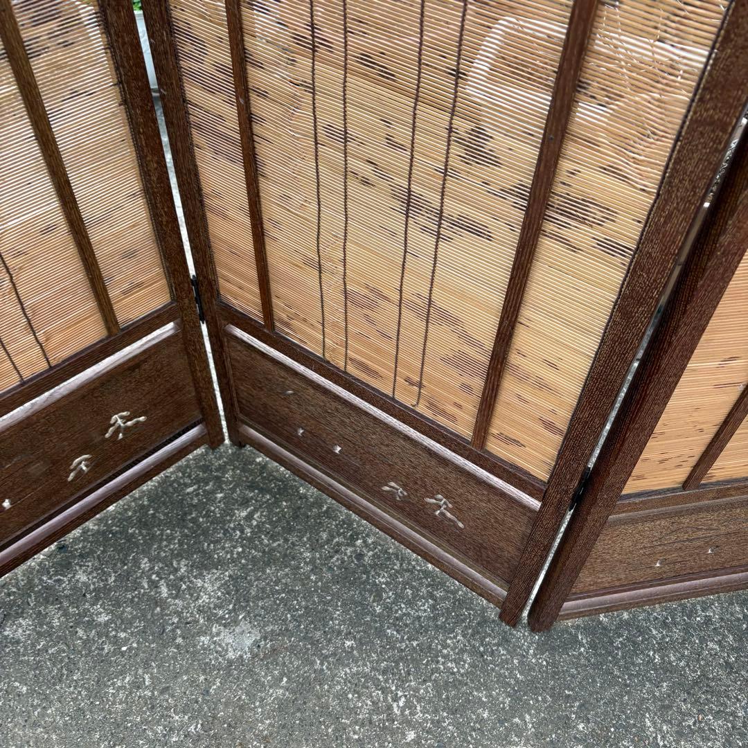 良品　和風 衝立 間仕切り 4連屏風 天然木 透かし彫り 簾屏風 折りたたみ