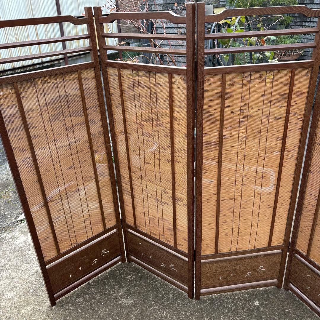良品　和風 衝立 間仕切り 4連屏風 天然木 透かし彫り 簾屏風 折りたたみ