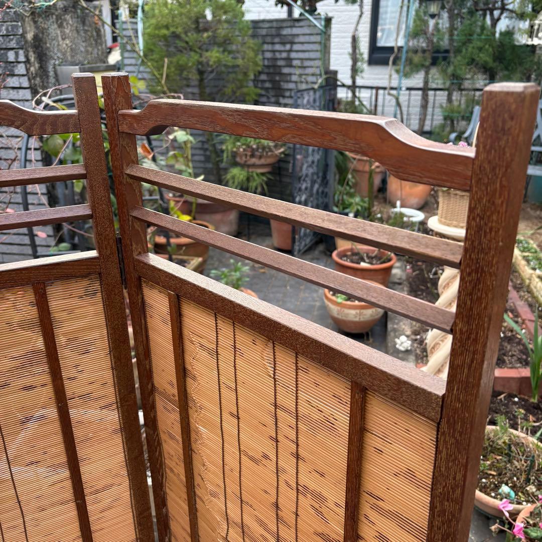 良品　和風 衝立 間仕切り 4連屏風 天然木 透かし彫り 簾屏風 折りたたみ