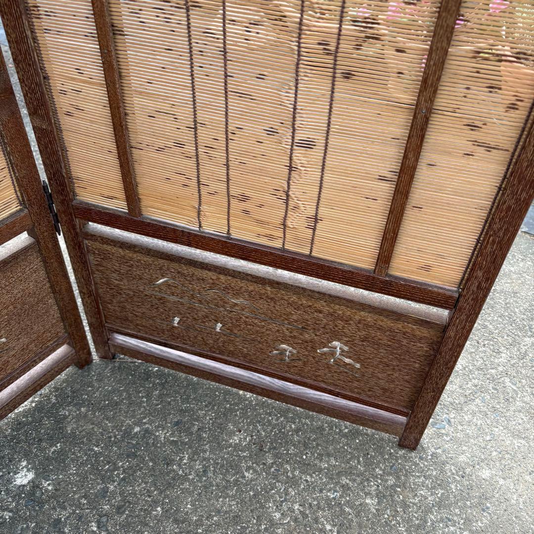 良品　和風 衝立 間仕切り 4連屏風 天然木 透かし彫り 簾屏風 折りたたみ