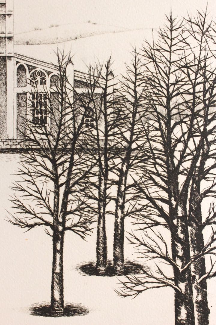 No4821 額装　根本啓　銅版画「雪原の教会」　直筆サイン　箱付　送料無料