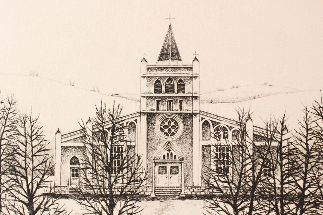 No4821 額装　根本啓　銅版画「雪原の教会」　直筆サイン　箱付　送料無料