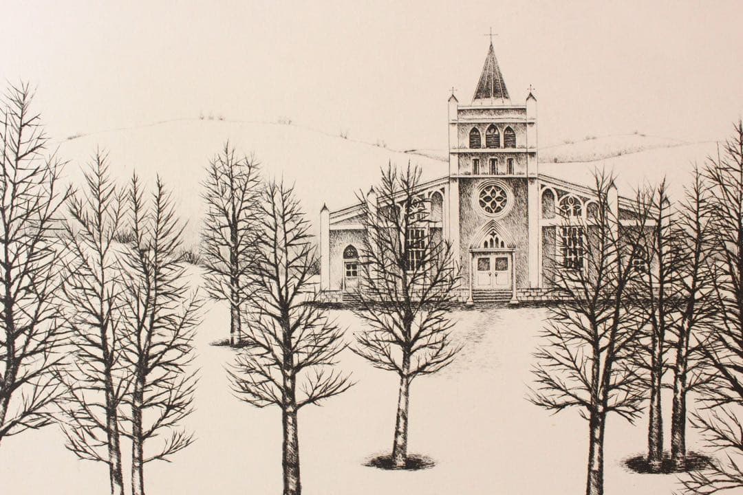 No4821 額装　根本啓　銅版画「雪原の教会」　直筆サイン　箱付　送料無料