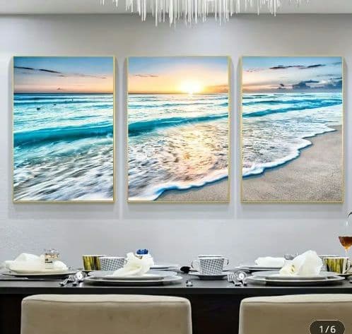 【超巨大】ビーチ風景キャンバスアート 朝日と海 3枚セット ☆ 海の絵