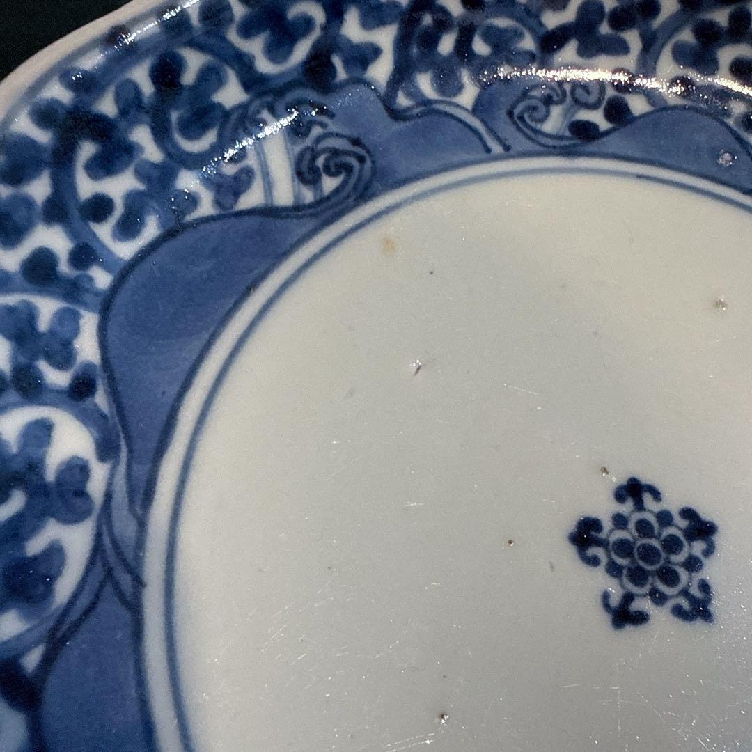 古伊万里　染付　蛸唐草　五弁花　7寸皿　元禄期