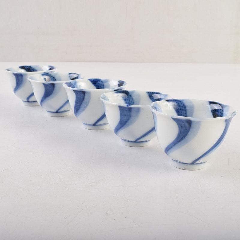 永楽善五郎　大日本永楽造　染付　捻り文　水呑　煎茶碗　五客　時代箱　MR9585