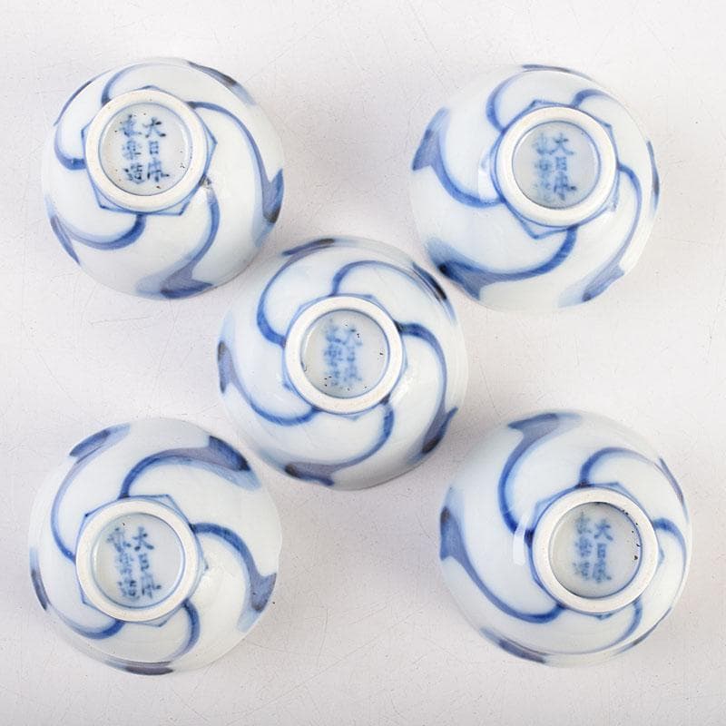 永楽善五郎　大日本永楽造　染付　捻り文　水呑　煎茶碗　五客　時代箱　MR9585