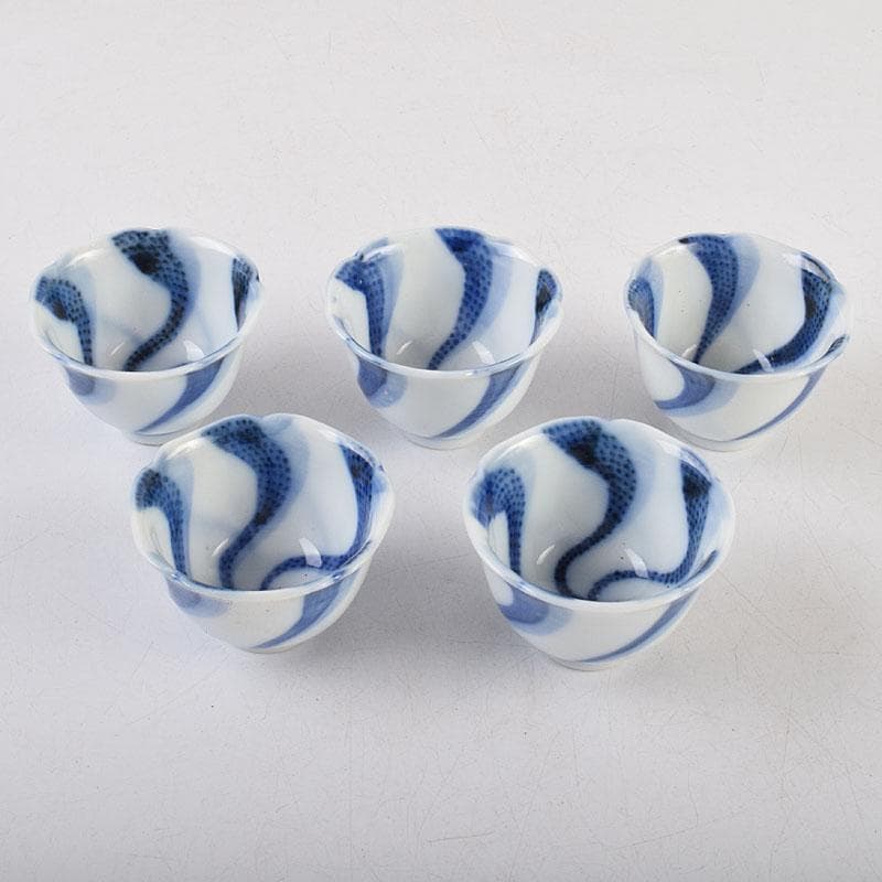 永楽善五郎　大日本永楽造　染付　捻り文　水呑　煎茶碗　五客　時代箱　MR9585