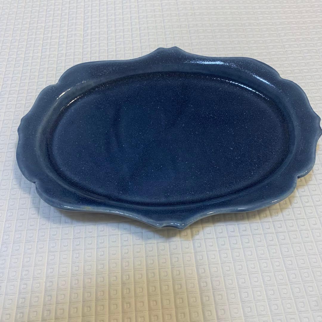 新品・未使用　益子焼　広瀬佳子　ダークブルー 陶器製 楕円形皿