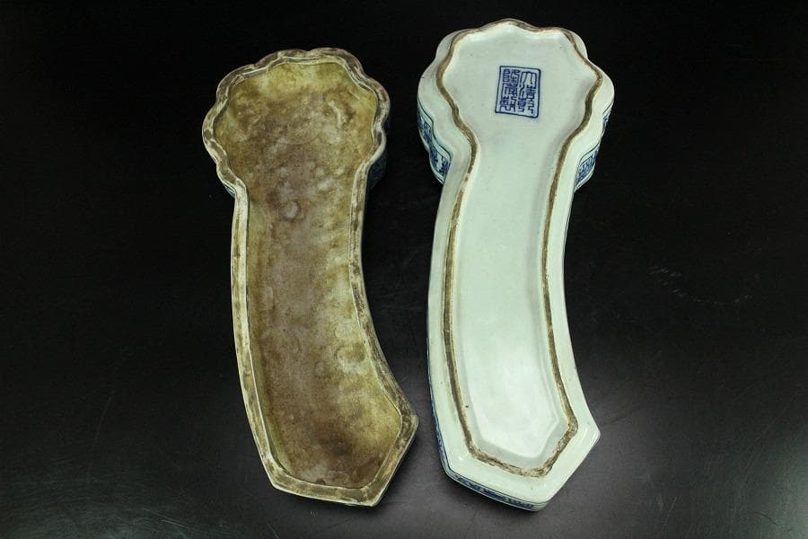 中国美術 青花 寿字 龍紋 如意形 蓋物 29cmx12cm(K-LC207)