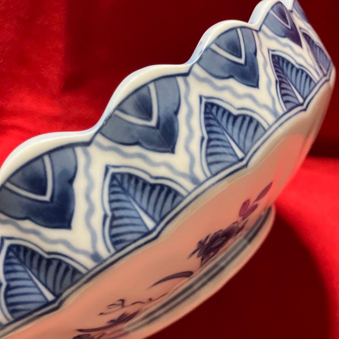 三洋陶器　龍峰窯　染付更紗　花鳥文様　輪花鉢　菊割盛鉢　未使用シール付