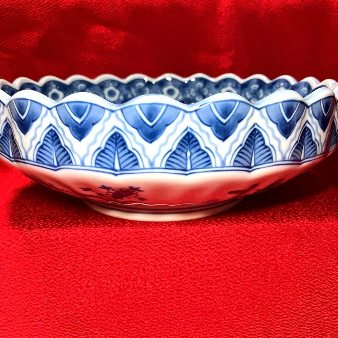 三洋陶器　龍峰窯　染付更紗　花鳥文様　輪花鉢　菊割盛鉢　未使用シール付