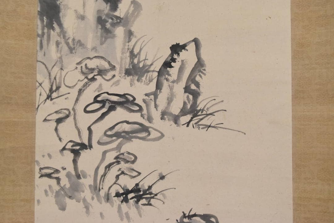 【真作】秋水翁/霊芝/蘭石図/掛軸/名家伝来/AA-617