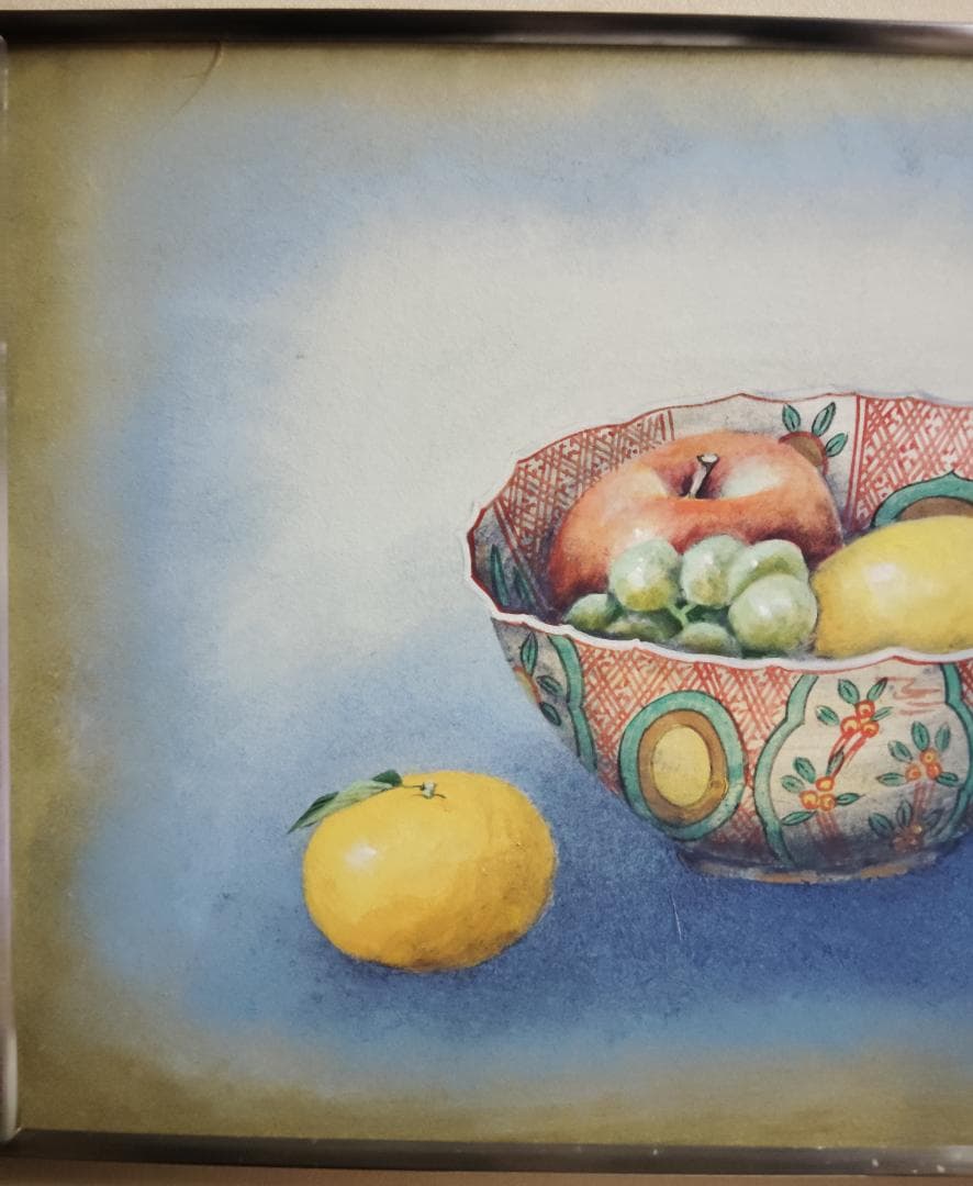 絵画美術　昇采作　赤絵の器に果物の図　静物画　直筆肉筆　銘　額装品