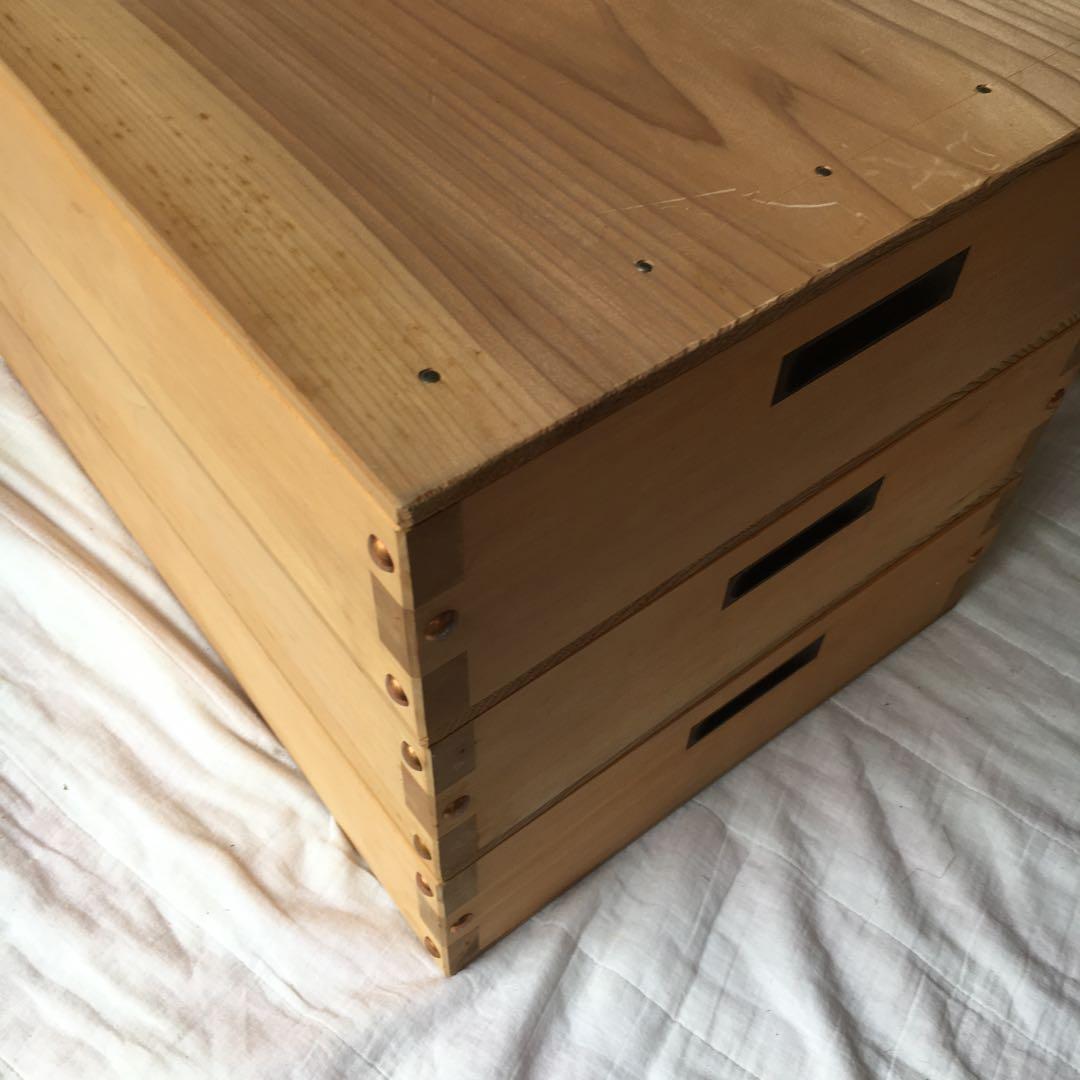 木箱もろぶた　もち箱　3段(ふた１枚付き)　昭和レトロ　アンティーク　中古品