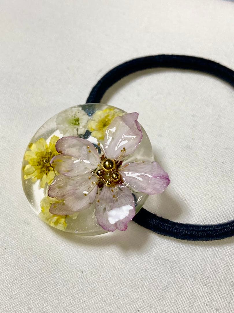 【N.669】ハンドメイドヘアゴム/ポニーフック さくら　マトリカリア　かすみ草