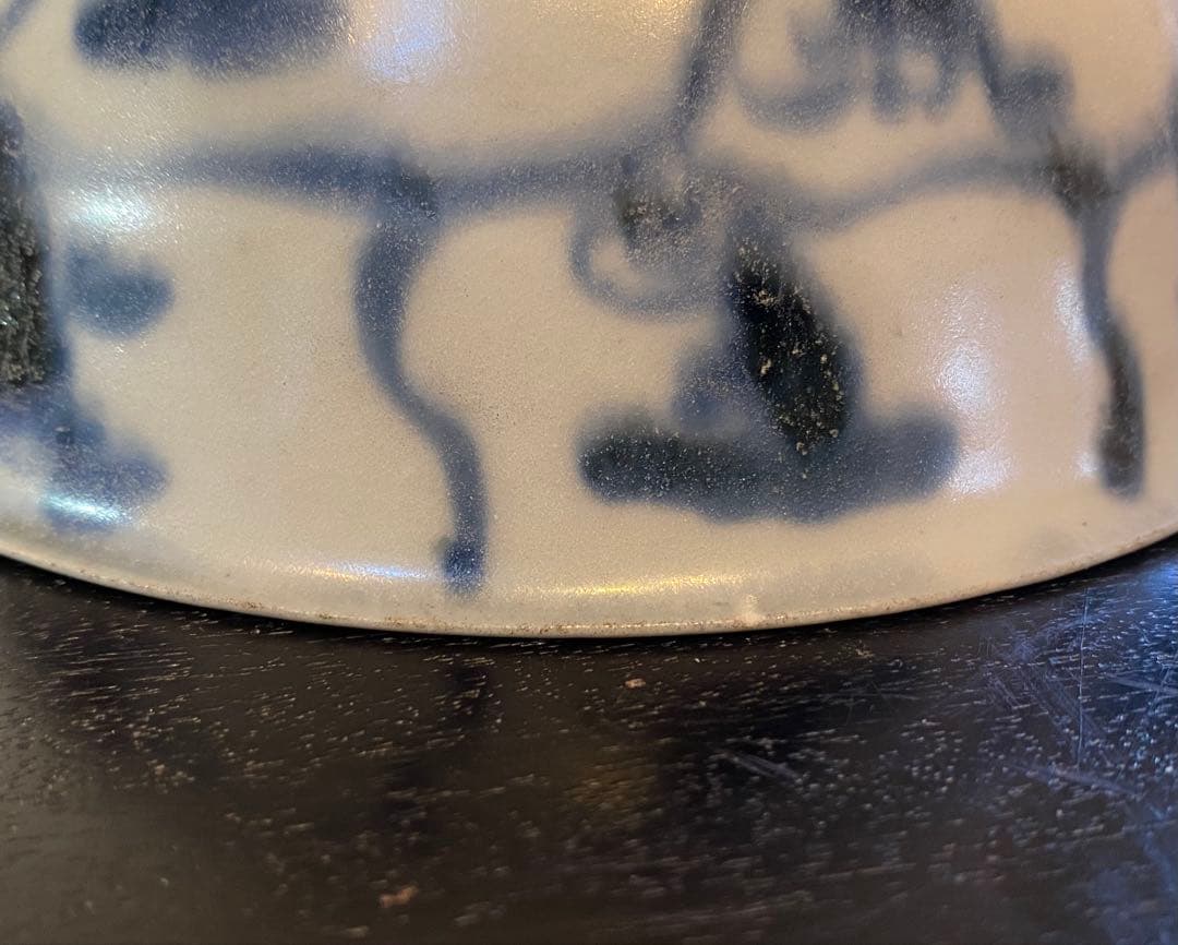 希少・アンティーク・徳化窯 ・古染付・六輪蓮文椀・唐木鑑賞台付２点セット