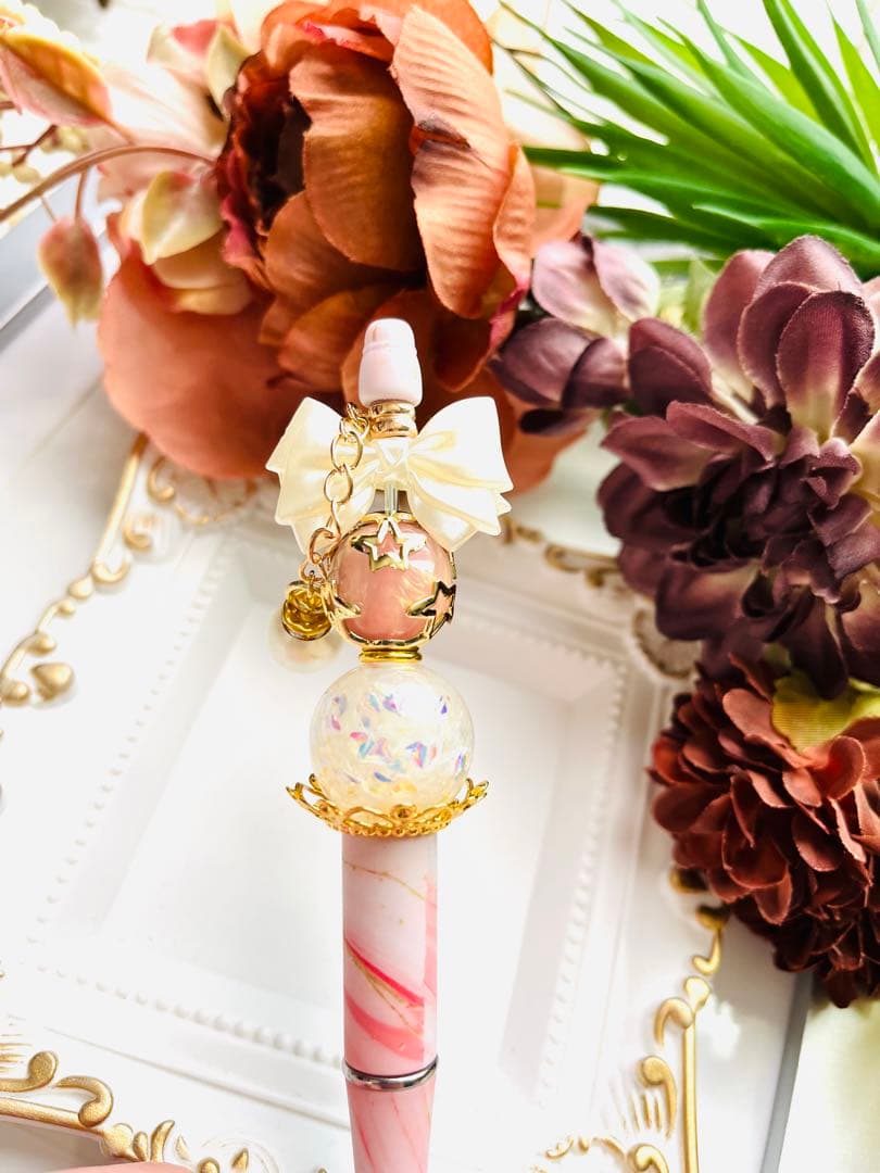 NO.230 カスタムボールペン　大理石風　リボン　チャーム付き