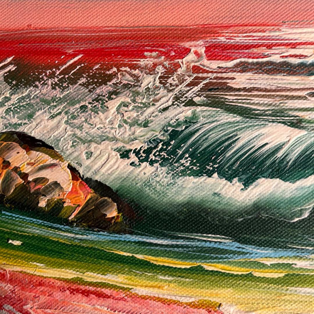 手書き油絵 荒海 額付 絵画 インテリア 油彩画