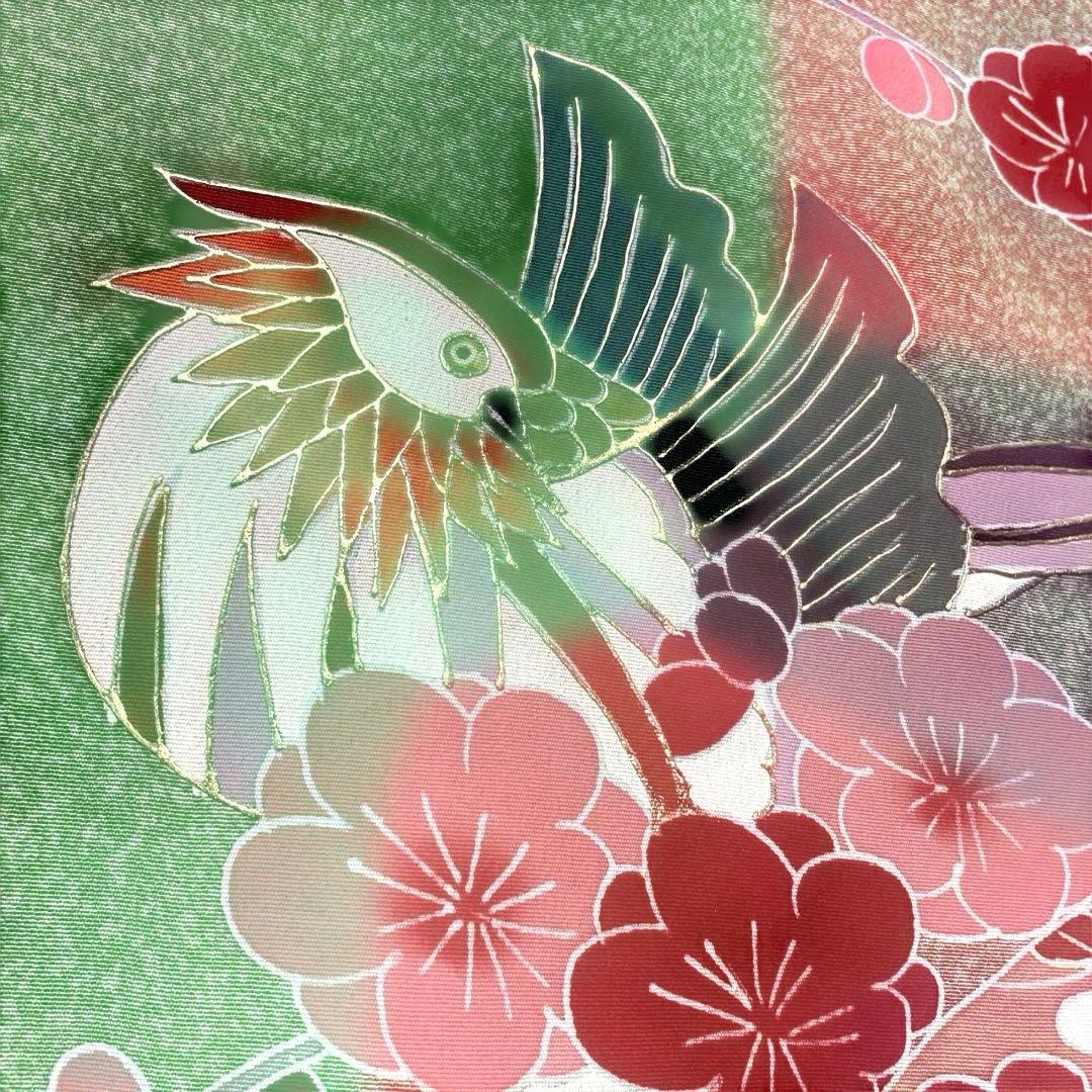 □七五三7歳　正絹女児用振り袖着物　正絹襦袢付　おしどり　緑系