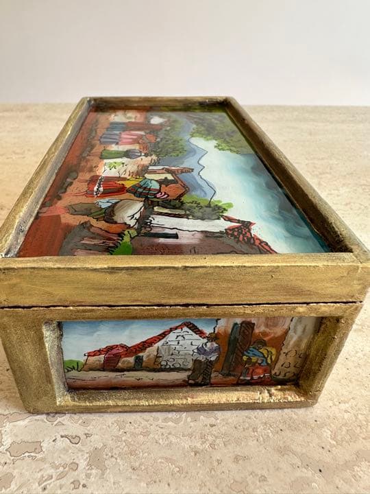 ヴィンテージ　ハンドメイド　木製箱　ペルー　ガラス絵