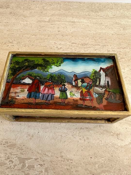 ヴィンテージ　ハンドメイド　木製箱　ペルー　ガラス絵