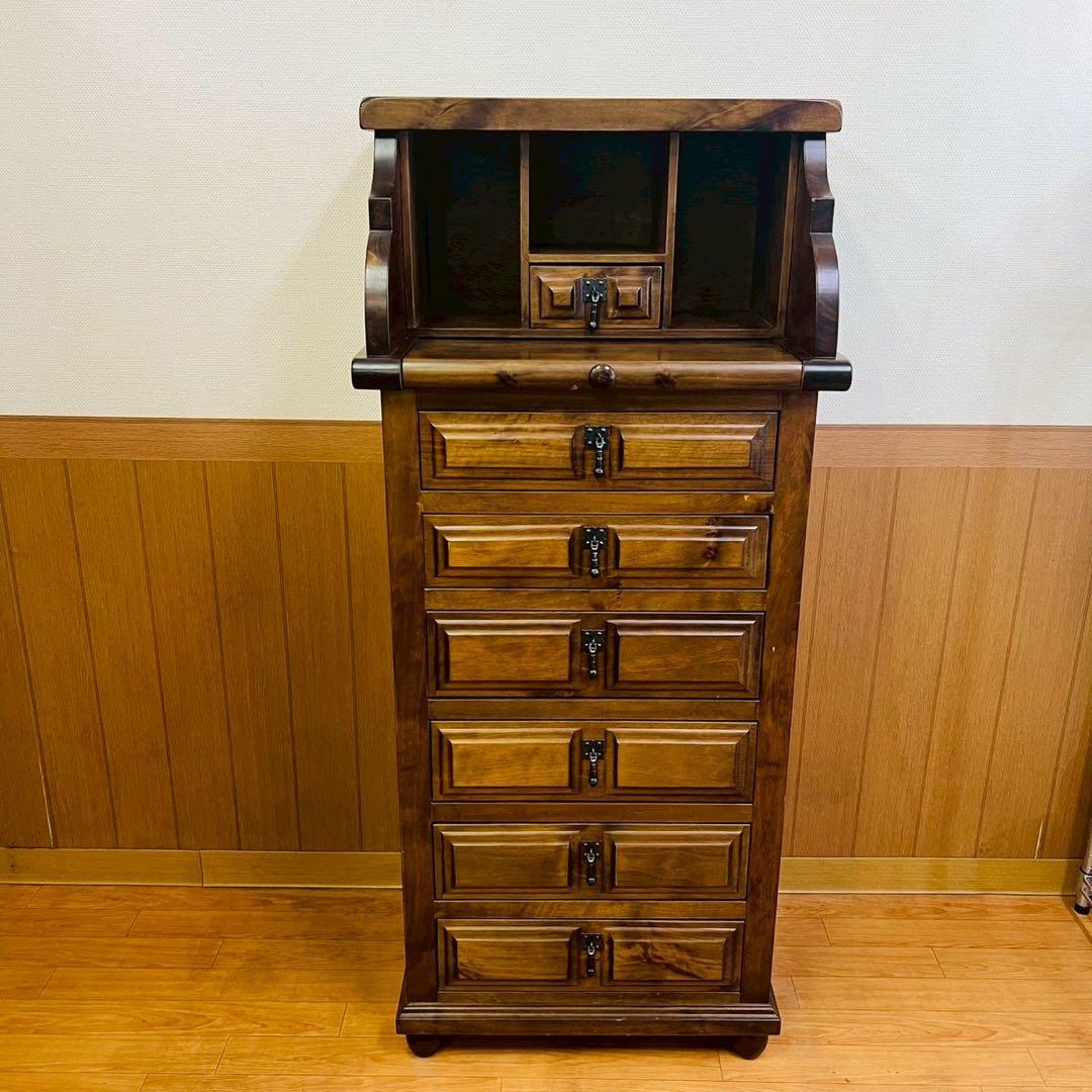 6段チェスト スライド式天板 ライティング アンティーク調 棚 アンティーク風