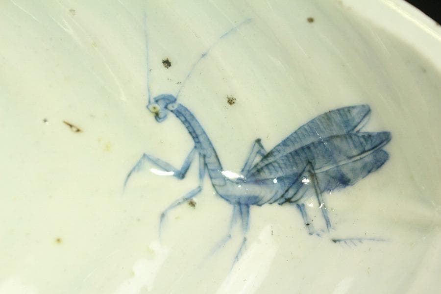 青花 葉形 三足 筆洗 匙付(A887)