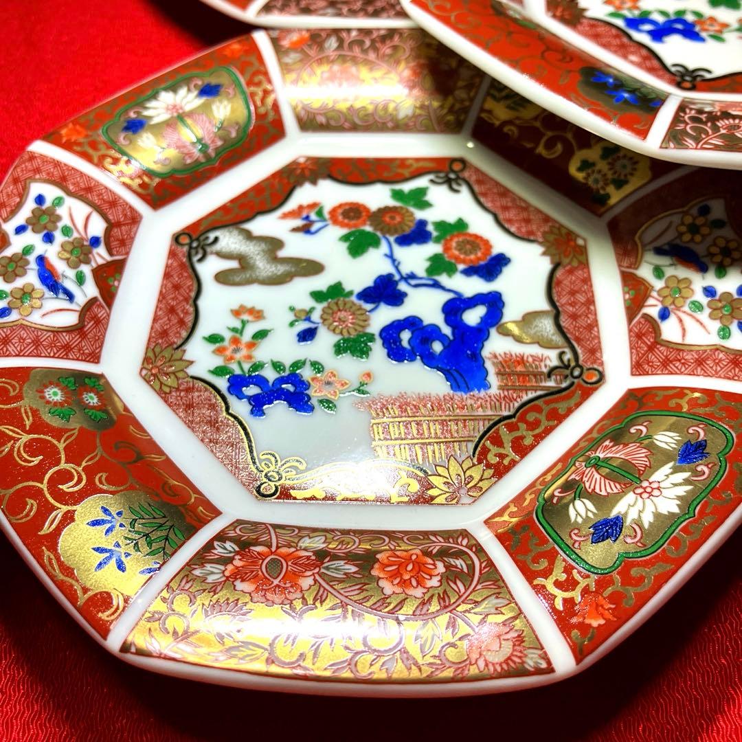 有田焼　青藍窯 金欄手古伊万里 八角銘々皿 5枚揃