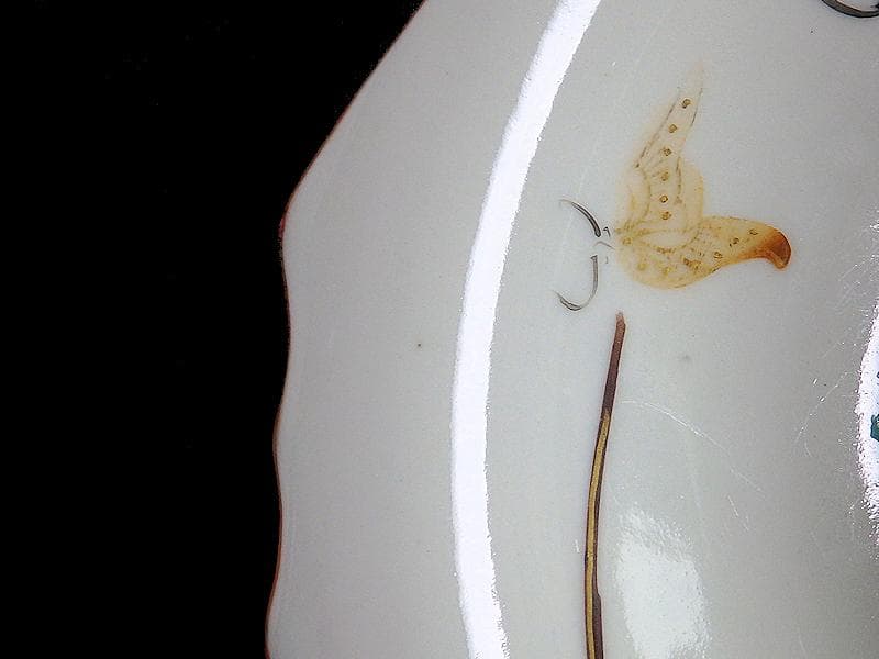 九谷　色絵　草花に蝶の図　角皿　5枚　D597A- BCp