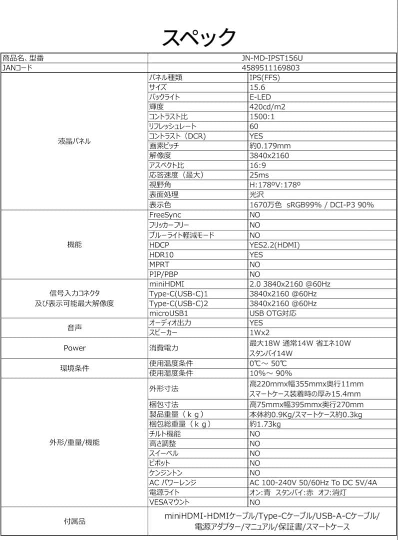 JAPANNEXT 15.6インチ モバイルディスプレイ 本体