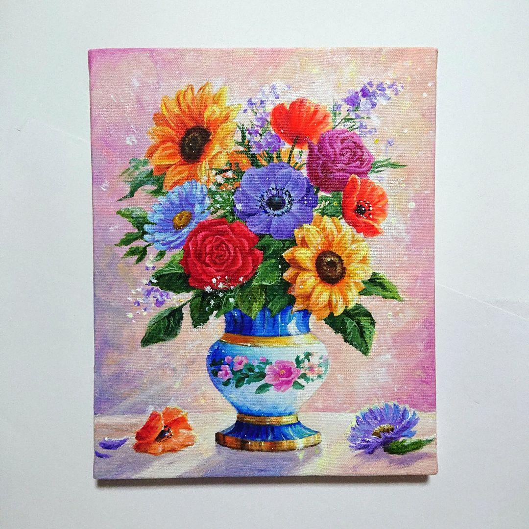 【花瓶に花を】アクリル画 F3 静物画 絵画 風景画 花の絵