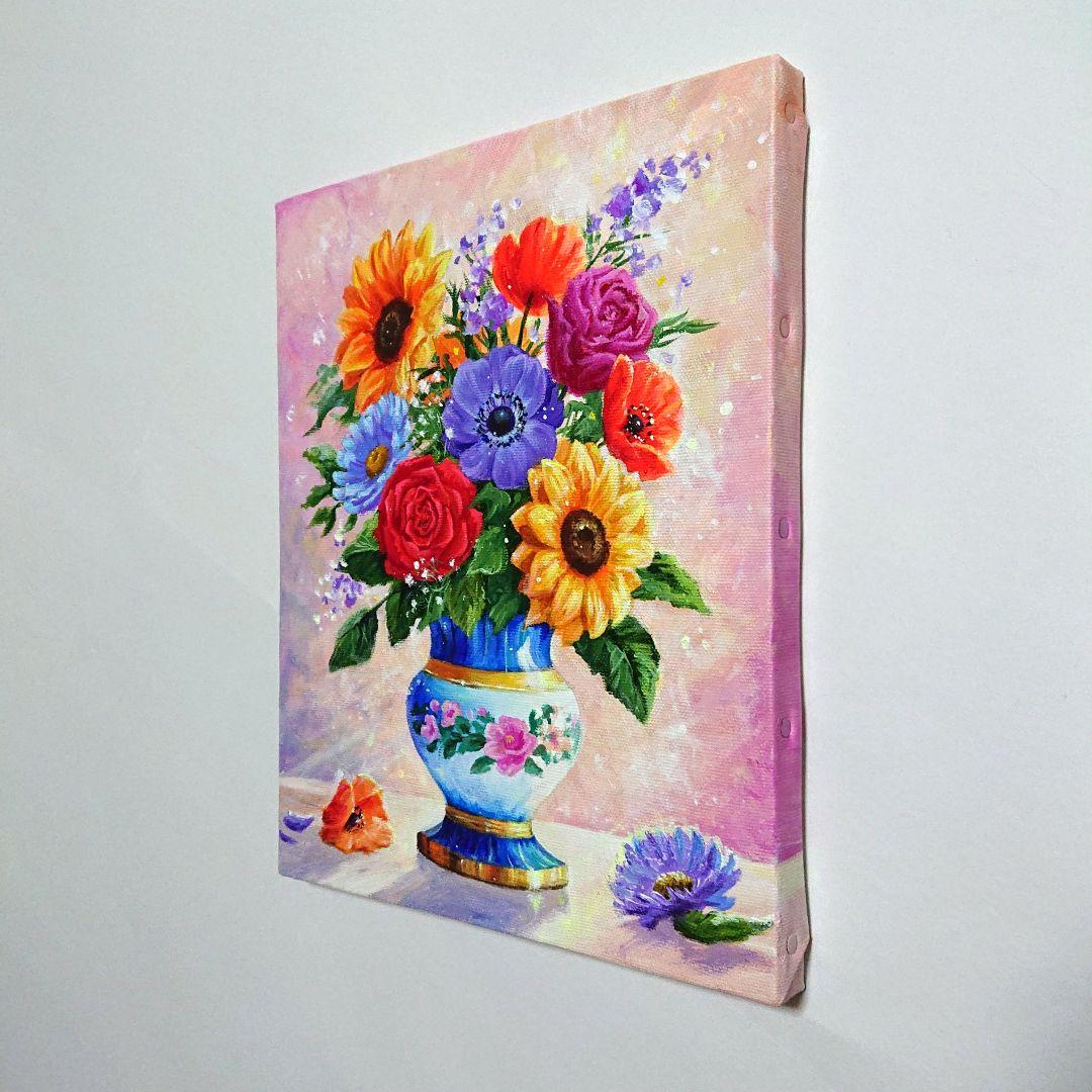 【花瓶に花を】アクリル画 F3 静物画 絵画 風景画 花の絵