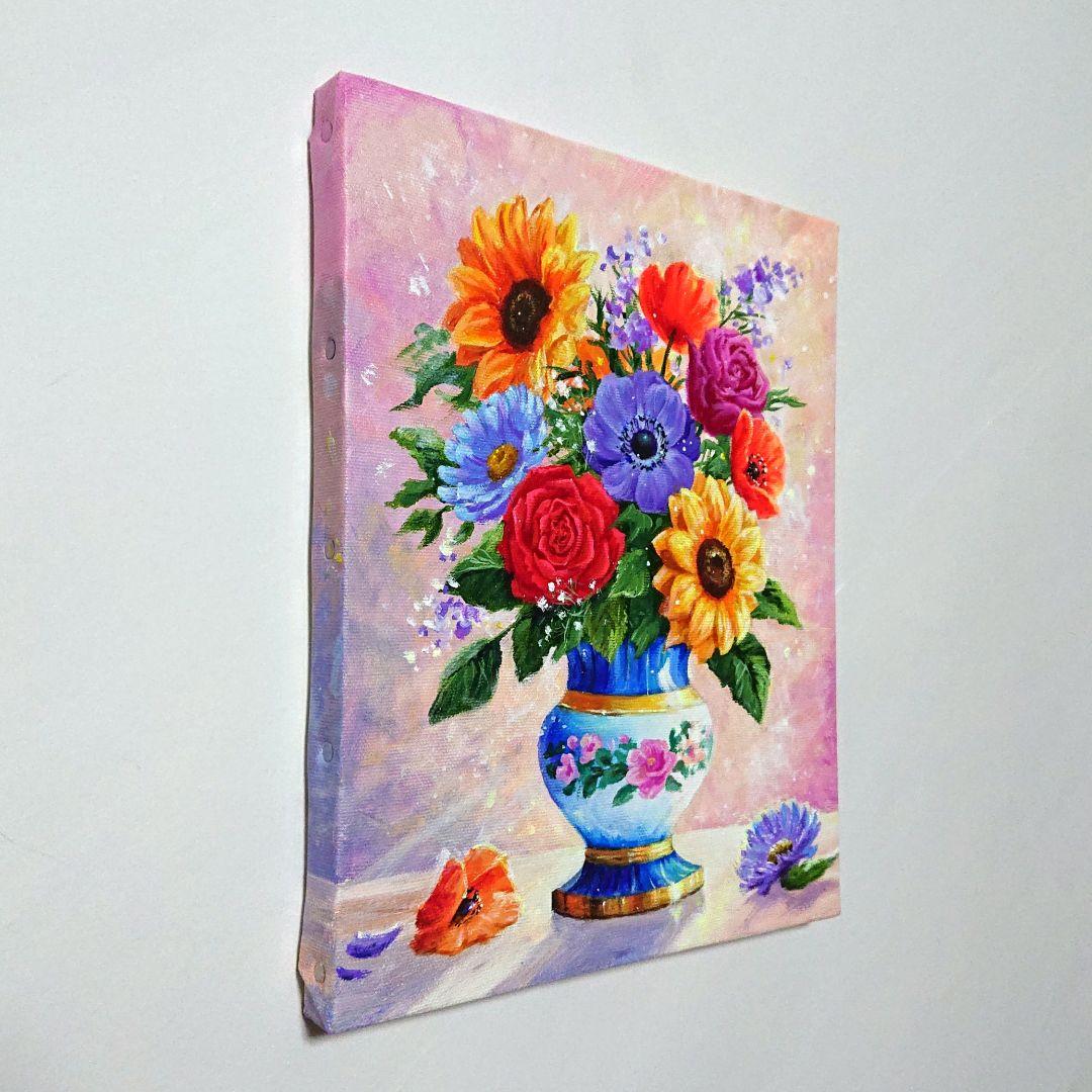 【花瓶に花を】アクリル画 F3 静物画 絵画 風景画 花の絵