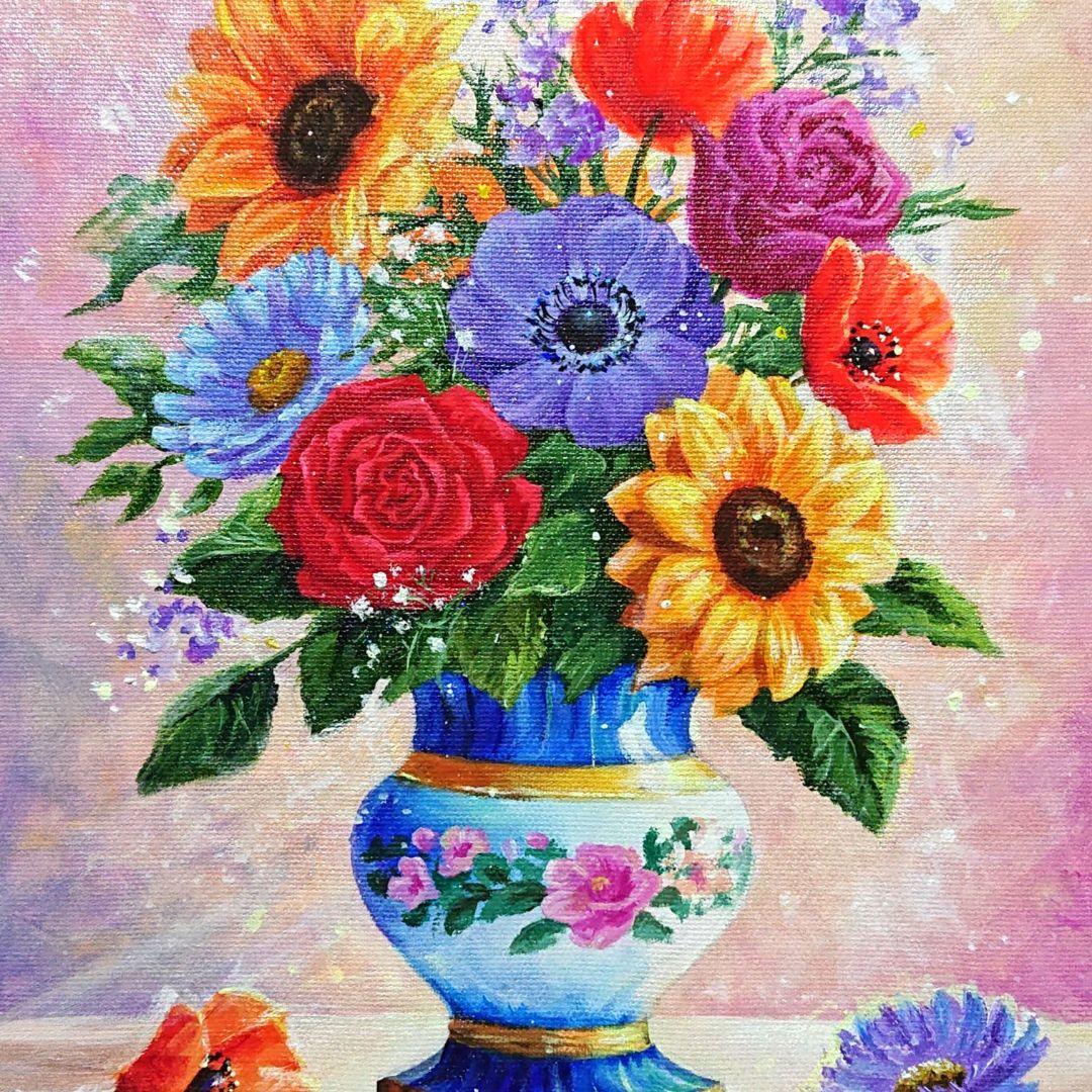 【花瓶に花を】アクリル画 F3 静物画 絵画 風景画 花の絵