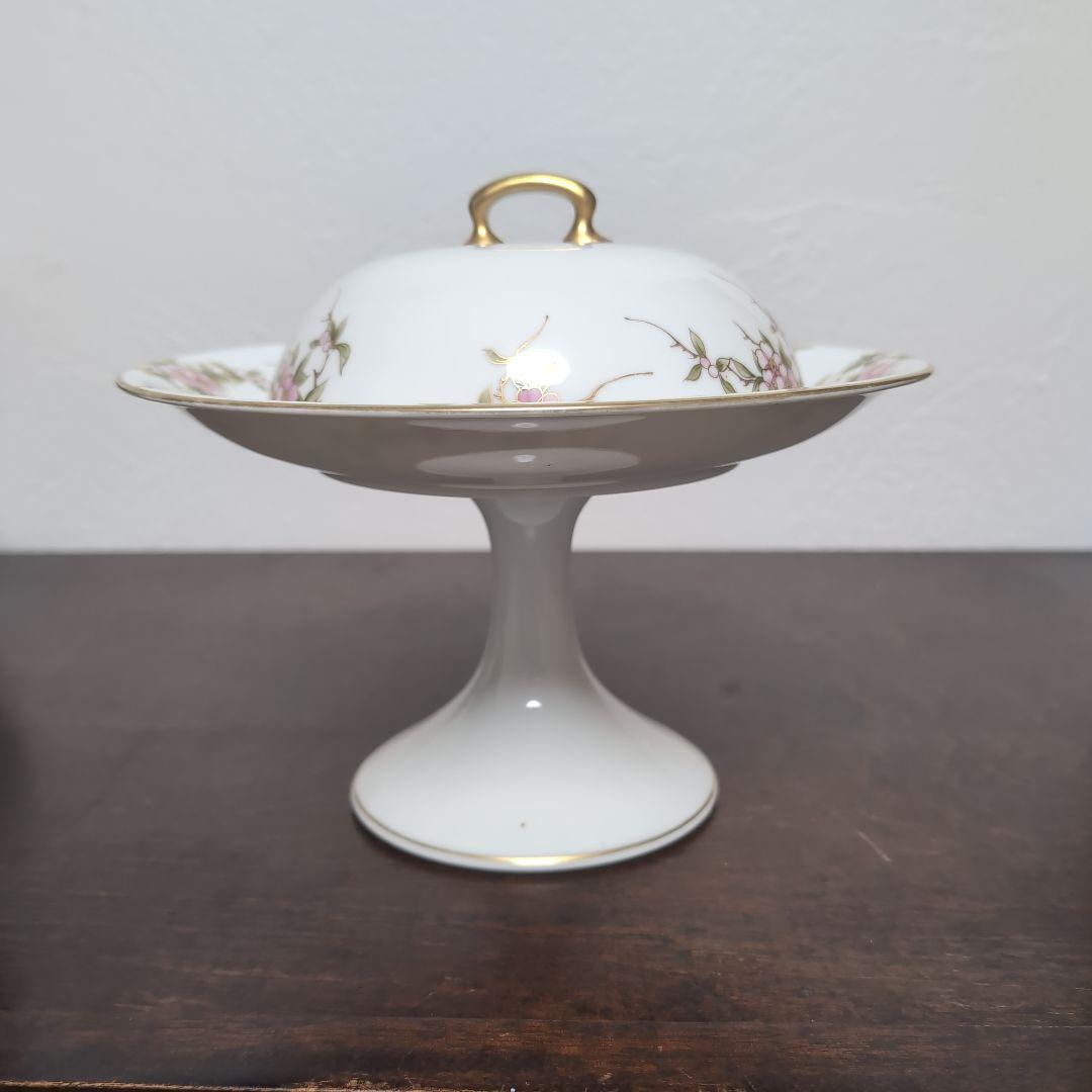 日本のアンティーク　オールドメイトー　名古屋製陶所　蓋付きコンポート　桜が素敵