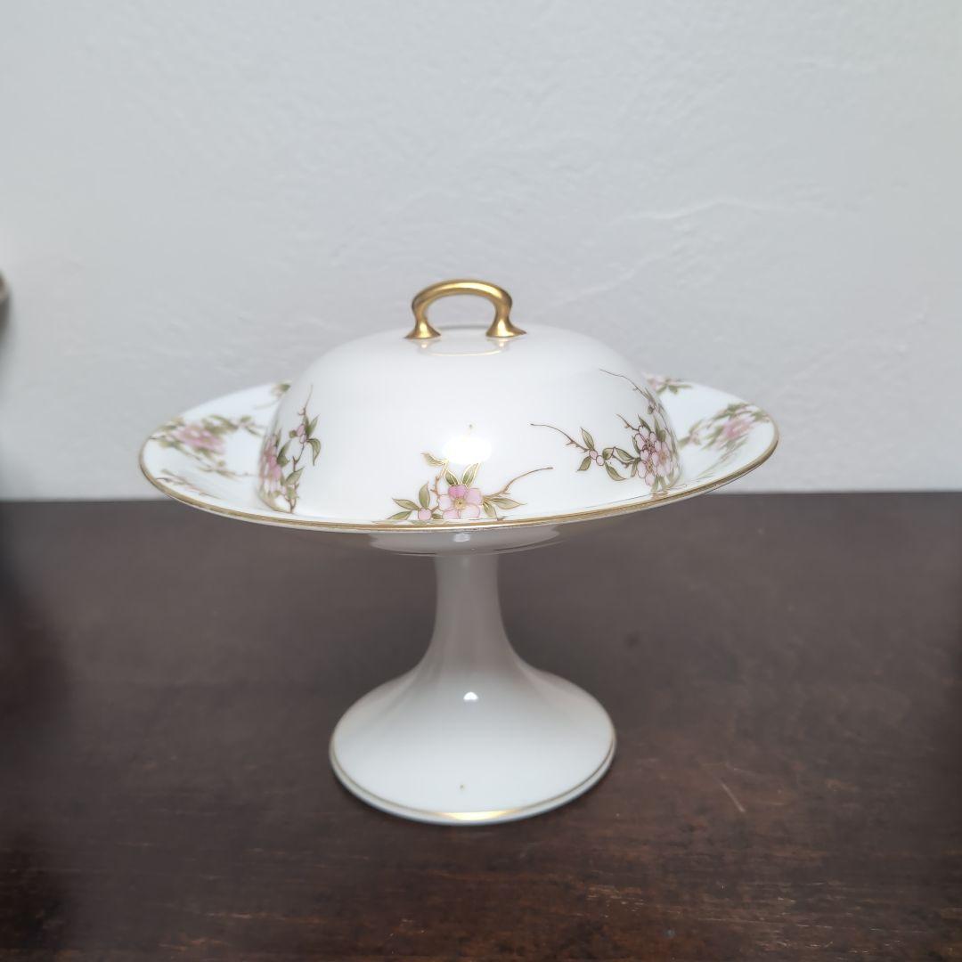 日本のアンティーク　オールドメイトー　名古屋製陶所　蓋付きコンポート　桜が素敵