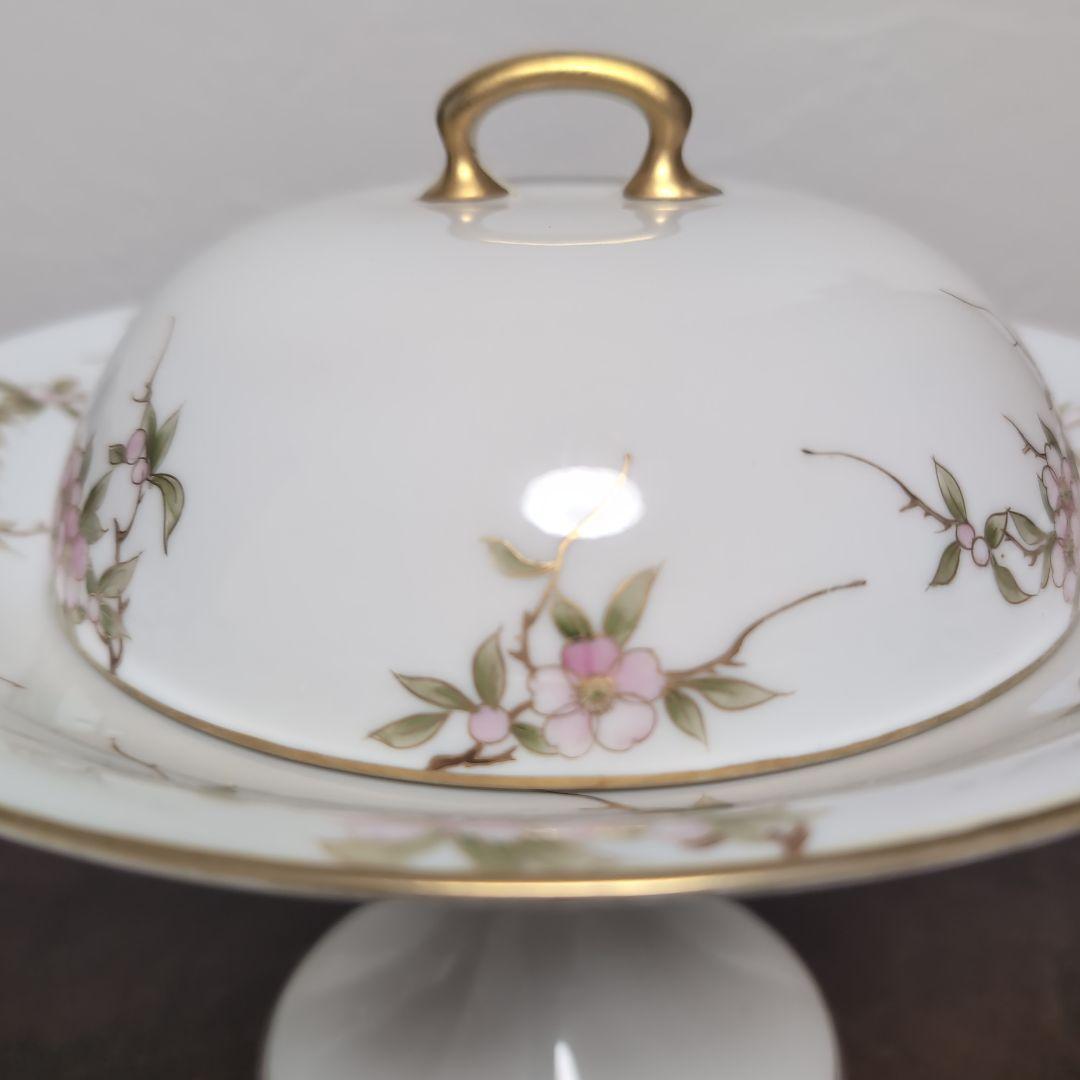 日本のアンティーク　オールドメイトー　名古屋製陶所　蓋付きコンポート　桜が素敵