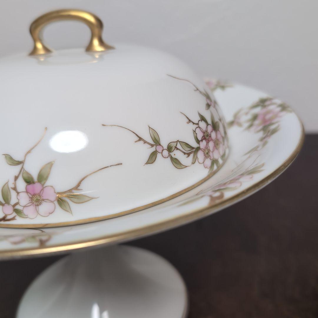 日本のアンティーク　オールドメイトー　名古屋製陶所　蓋付きコンポート　桜が素敵