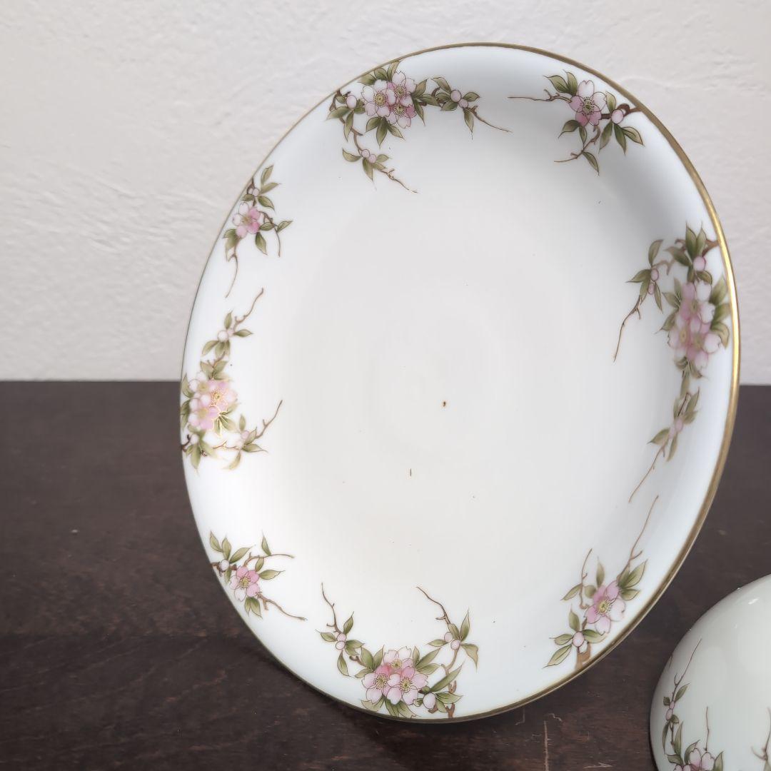 日本のアンティーク　オールドメイトー　名古屋製陶所　蓋付きコンポート　桜が素敵