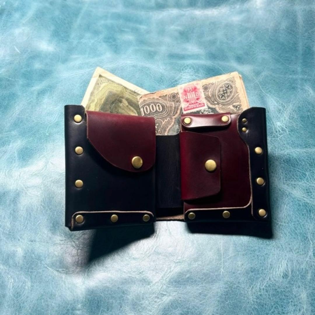 コンパクト二つ折り革財布　クロムエクセル　黒・緑色　真鍮　cx-hw-001