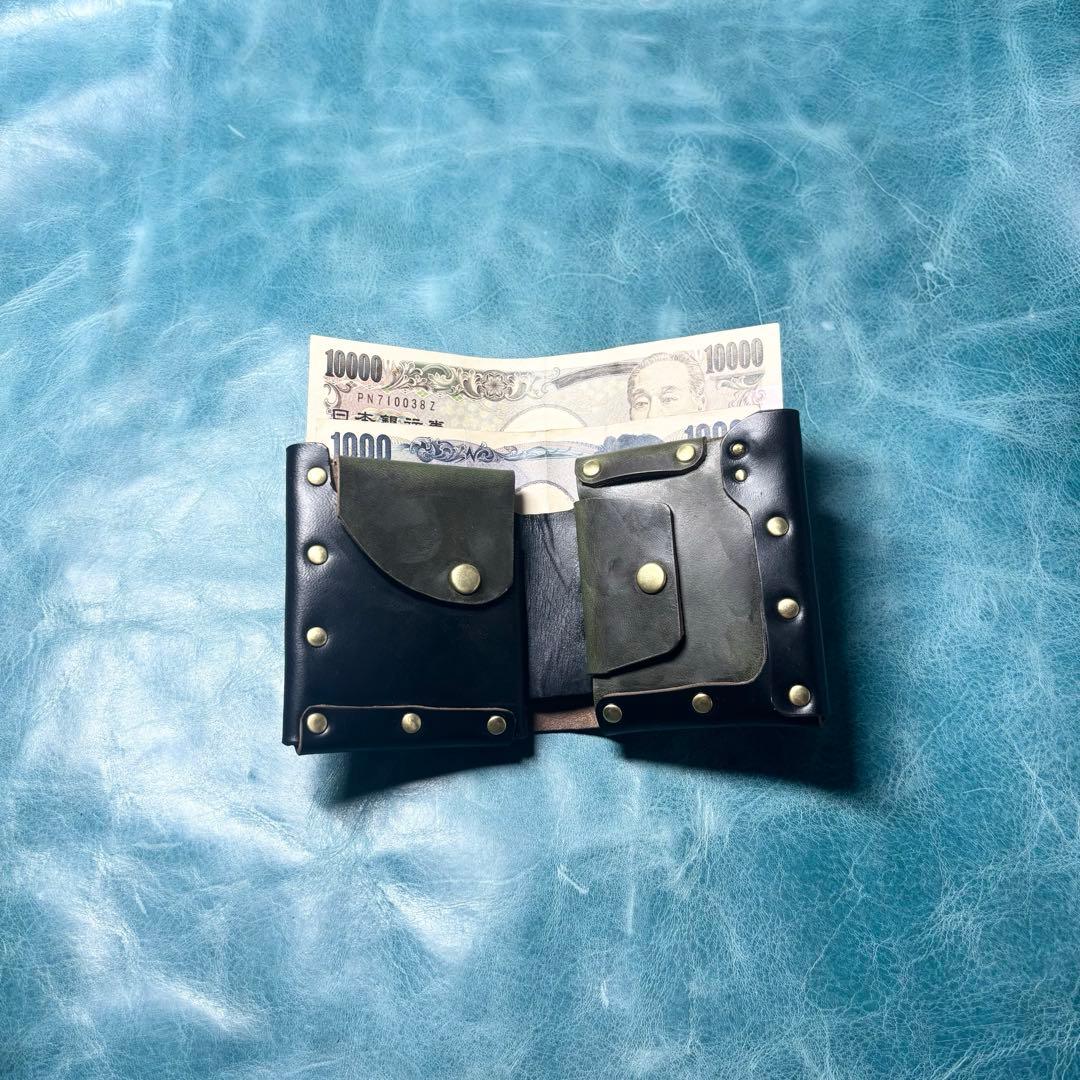 コンパクト二つ折り革財布　クロムエクセル　黒・緑色　真鍮　cx-hw-001