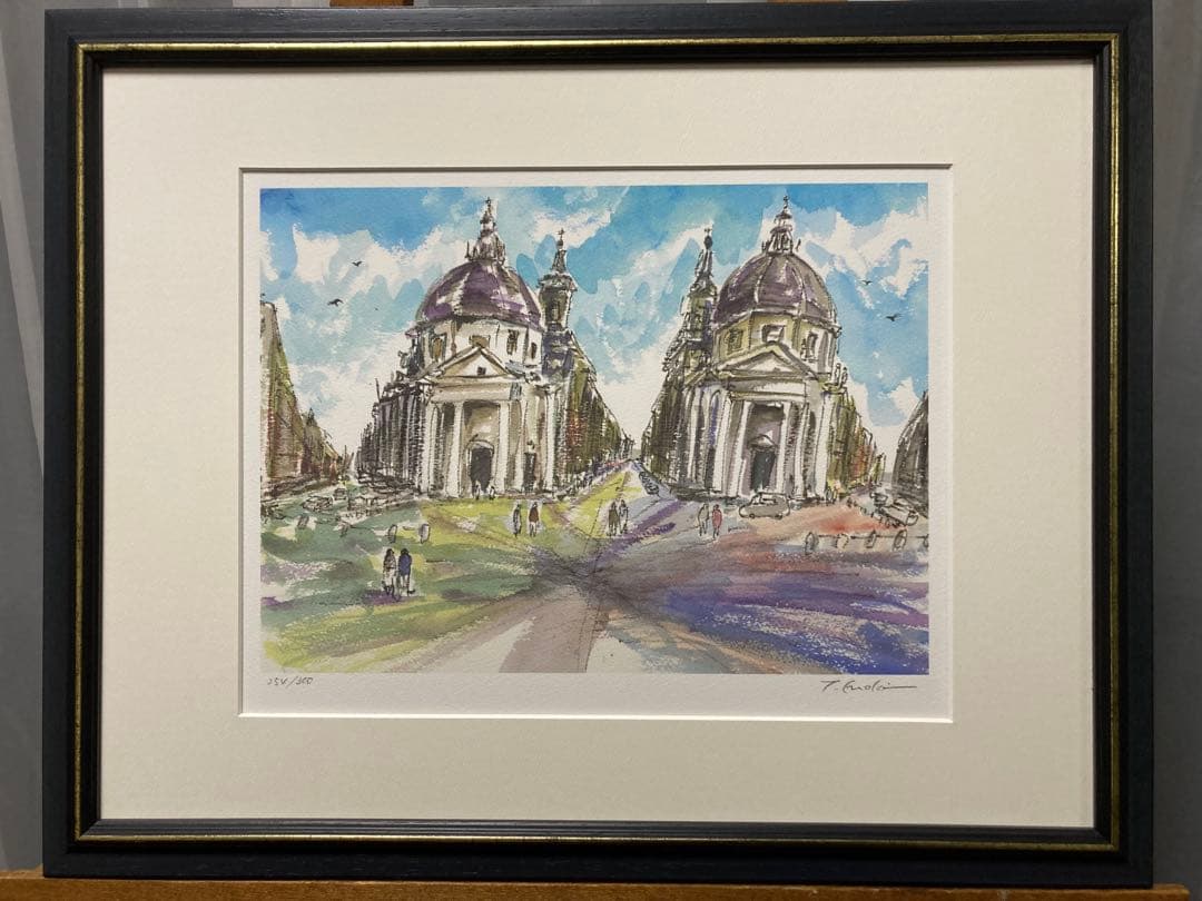 俳優 榎木孝明 リトグラフ 版画「虹色の刻（双子教会ローマ）」 サイン 新額装